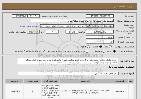 استعلام احداث کانال،حوضچه جهت کابل برگردان و تغییر موقعیت فیبر از واحد توزیع بار به ساختمان اندازه گیری نفتکشها در انبار نفت ری