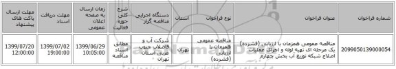 مناقصه عمومی همزمان با ارزیابی (فشرده) یک مرحله ای تهیه لوله و اجرای عملیات اصلاح شبکه توزیع آب  بخش چهارم