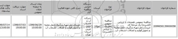 مناقصه عمومی همزمان با ارزیابی (فشرده) یک مرحله ای خرید(شامل:تهیه،بارگیری،حمل،تخلیه ،و تحویل)لوازم و اتصالات انشعاب آب 