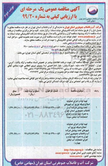 مناقصه, مناقصه تهیه لوله و اجرای عملیات اصلاح شبکه توزیع آب شهرهای تحت پوشش- نوبت دوم 