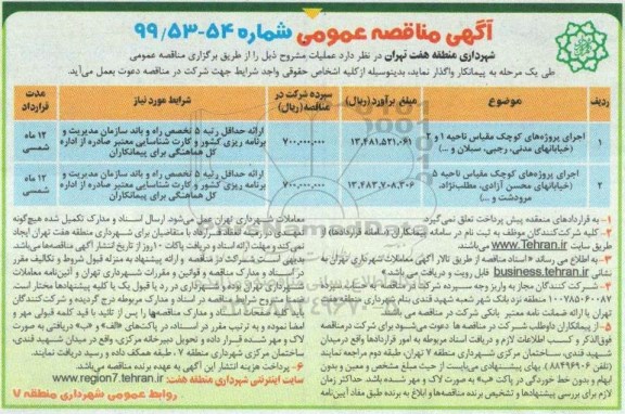 آگهی مناقصه عمومی, مناقصه اجرای پروژه های کوچک مقیاس ناحیه 1 و 2 و ...