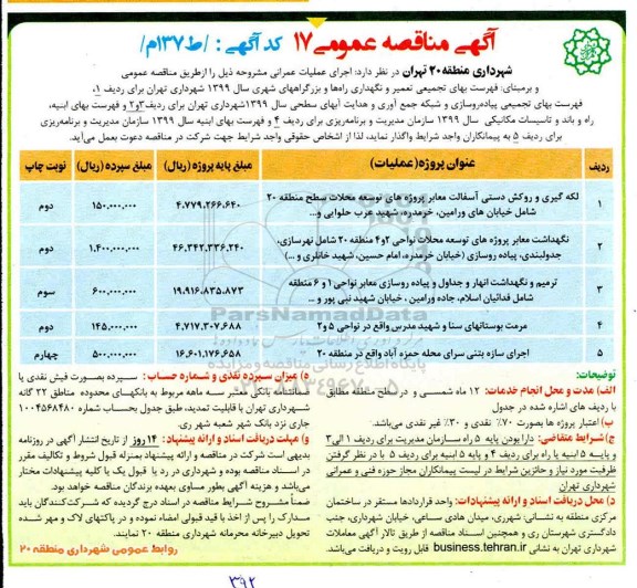آگهی مناقصه عمومی ، مناقصه لکه گیری و روکش دستی آسفالت معابر پروژه های توسعه محلات سطح منطقه 20  و...