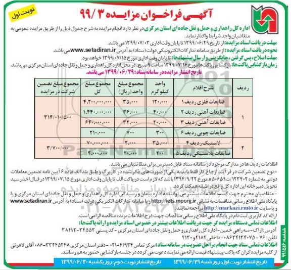 فراخوان مزایده, مزایده ضایعات فلزی و ...