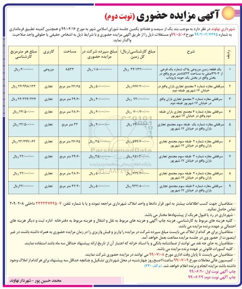 آگهی مزایده حضوری ,مزایده واگذاری مستغلات نوبت دوم