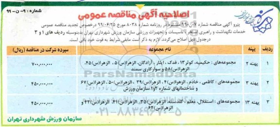 اصلاحیه مناقصه عمومی, مناقصه خدمات نگهداشت و راهبری استخر، تاسیسات و تجهیزات ورزشی 