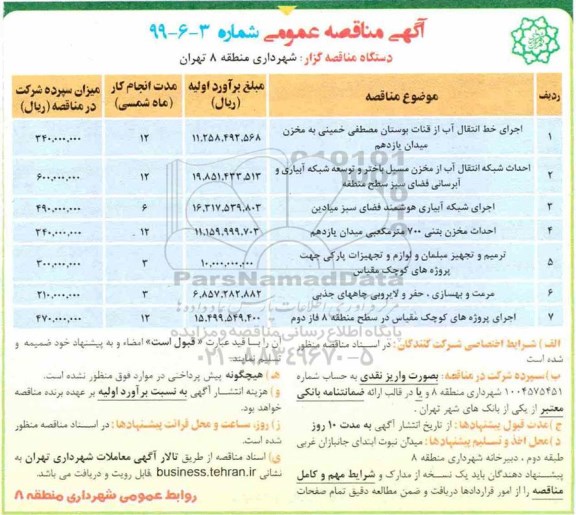 مناقصه، مناقصه اجرای خط انتقال آب از قنات بوستان و....