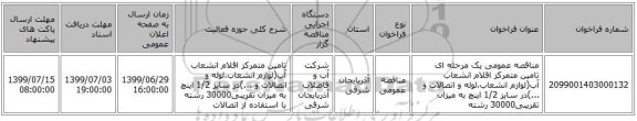 مناقصه عمومی یک مرحله ای تامین متمرکز اقلام انشعاب آب(لوازم انشعاب،لوله و اتصالات و ...)در سایز 1/2 اینچ به میزان تقریبی30000 رشته