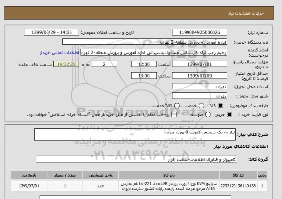 استعلام نیاز به یک سوییچ رکمونت 8 پورت مدل 