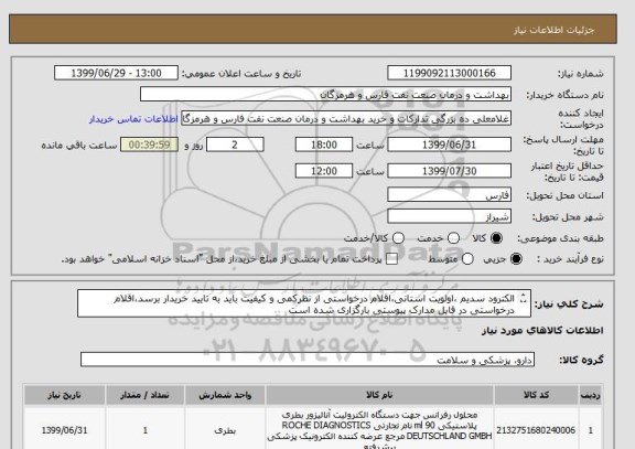 استعلام الکترود سدیم ،اولویت استانی،اقلام درخواستی از نظرکمی و کیفیت باید به تایید خریدار برسد،اقلام درخواستی در فایل مدارک پیوستی بارگزاری شده است
