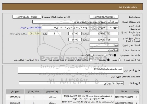 استعلام خرید ترانسفورماتور160و50 kv