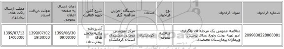 مناقصه عمومی یک مرحله ای واگذاری امور تهیه ،پخت وتویع غذای پرسنل وبیماران بیمارستان معتضدی