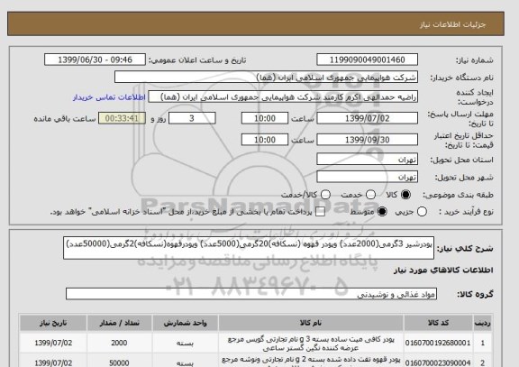 استعلام پودرشیر 3گرمی(2000عدد) وپودر قهوه (نسکافه)20گرمی(5000عدد) وپودرقهوه(نسکافه)2گرمی(50000عدد)

