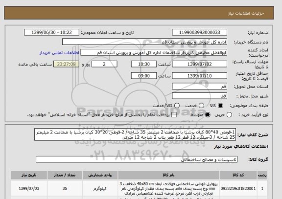 استعلام 1-قوطی 40*80 کیان پرشیا با ضخامت 2 میلیمتر 35 شاخه/ 2-قوطی 20*30 کیان پرشیا با ضخامت 2 میلیمتر 25 شاخه / 3-میلگرد 12 قطر 12 ظفر بناب 2 شاخه 12 متری