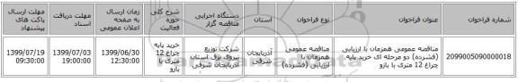 مناقصه عمومی همزمان با ارزیابی (فشرده) دو مرحله ای خرید پایه چراغ 12 متری با بازو