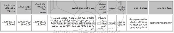 مناقصه عمومی یک مرحله ای واگذاری کلیه امور مربوط به خدماتی و حجمی