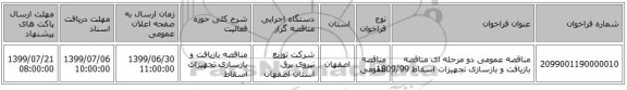 مناقصه عمومی دو مرحله ای مناقصه بازیافت و بازسازی تجهیزات اسقاط 1809/99
