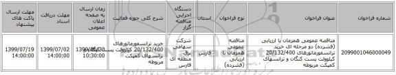 مناقصه عمومی همزمان با ارزیابی (فشرده) دو مرحله ای خرید ترانسفورماتورهای 20/132/400 کیلوولت پست کنگان  و ترانسهای کمپکت مربوطه 