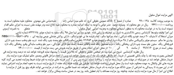 مزایده،مزایده فروش خودرو سواری تیبا مدل 95 رنگ سفید 