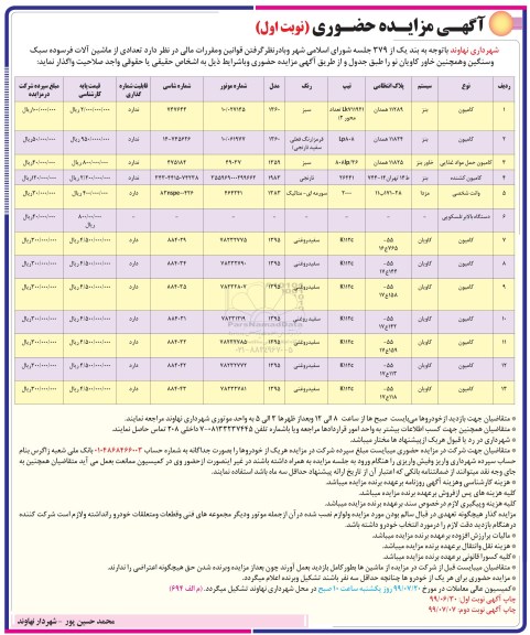 آگهی مزایده حضوری , مزایده تعدادی از ماشین آلات فرسوده سبک و سنگین و همچنین خاور کاویان 