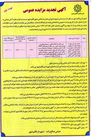 تجدید مزایده عمومی, تجدید مزایده اجاره یک باب مغازه- نوبت دوم