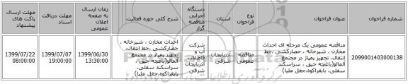 مناقصه عمومی یک مرحله ای احداث مخازن ، شیرخانه ، حصارکشی ،خط انتقال، تجهیز پمپاژ در مجتمع آلمالو(باغچه جیق ، سراسکند سفلی، بایقراکوه،جغل علیا)