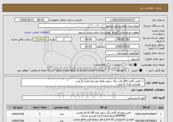 استعلام لامپ گازی 250 وات رنگ سفید مارک اوسرام تعداد 5 عدد.
فتوسل تعداد 3 عدد.
پروژکتور 250 وات مارک پارس و بارانی تعداد 4 عدد.