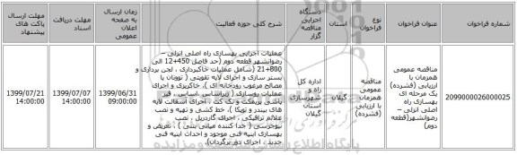 مناقصه عمومی همزمان با ارزیابی (فشرده) یک مرحله ای بهسازی راه اصلی انزلی – رضوانشهر(قطعه دوم) 