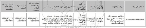 مناقصه عمومی یک مرحله ای تامین نیروی انسانی  درمانگاه فرهنگیان ارومیه 