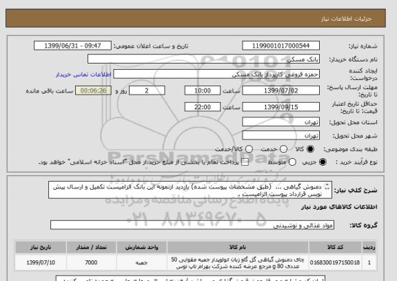 استعلام دمنوش گیاهی ...  (طبق مشخصات پیوست شده) بازدید ازنمونه این بانک الزامیست تکمیل و ارسال پیش نویس قرارداد پیوست الزامیست .
