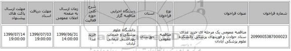 مناقصه عمومی یک مرحله ای خرید غذای ستاد حوادث و فوریتهای پزشکی دانشکده علوم پزشکی آبادان