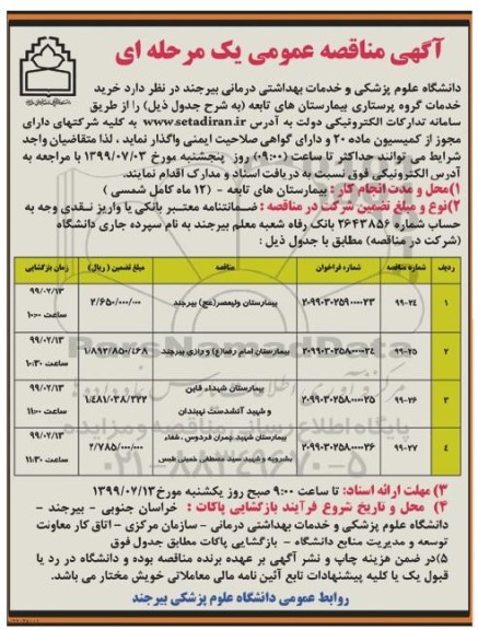 آگهی مناقصه عمومی , مناقصه خرید خدمات گروه پرستاری بیمارستان های تابعه 