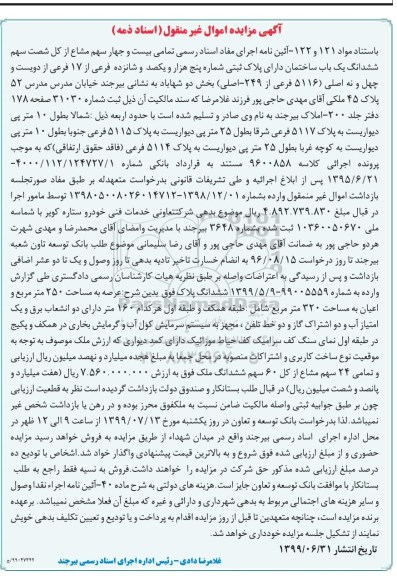 آگهی مزایده مزایده ششدانگ یکباب ساختمان 5116 فرعی از 249 اصلی