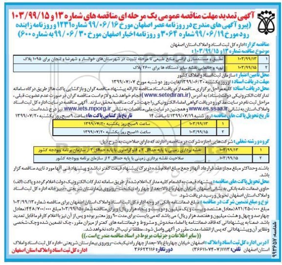 تمدید مناقصه، تمدید مناقصه تطبیق و مستندسازی اراضی منابع طبیعی ...