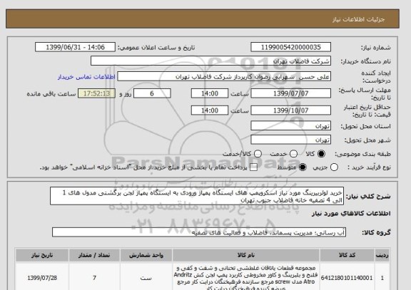 استعلام خرید لوئربیرینگ مورد نیاز اسکروپمپ های ایستگاه پمپاژ ورودی به ایستگاه پمپاژ لجن برگشتی مدول های 1 الی 4 تصفیه خانه فاضلاب جنوب تهران 