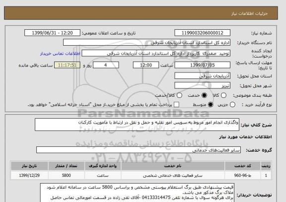 استعلام واگذاری انجام امور مربوط به سویس امور نقلیه و حمل و نقل در ارتباط با ماموریت کارکنان 