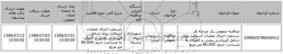 مناقصه عمومی یک مرحله ای دستمزد اجرای عملیات آسفالت ریزی شامل قیرپاشی،پخش و کمپکت به مساحت حدود 80.000 متر مربع