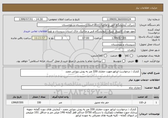 استعلام  کنارک : درخواست اپراتور جهت حفاری 330 متر به روش دورانی ممتد