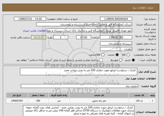 استعلام  کنارک : درخواست اپراتور جهت حفاری 330 متر به روش دورانی ممتد