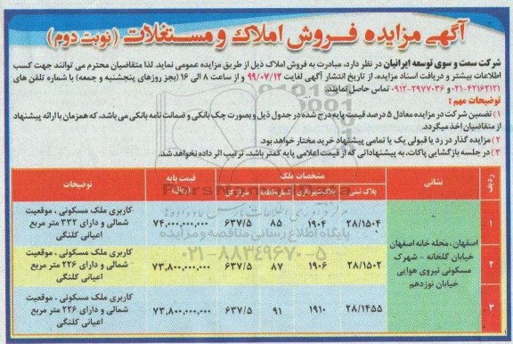 مزایده,  مزایده فروش املاک و مستغلات با کاربری مسکونی  نوبت دوم 