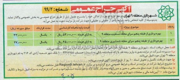 مزایده،مزایده واگذاری دو مورد از اماکن
