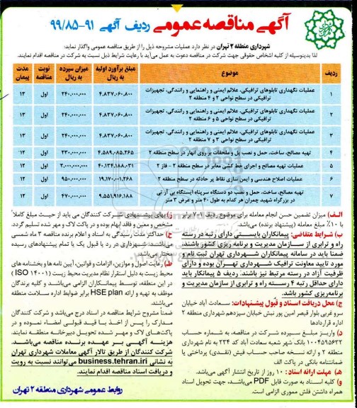 آگهی مناقصه عمومی , مناقصه مناقصه عملیات نگهداری تابلوهای ترافیکی