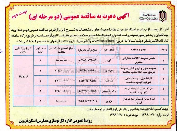 مناقصه ، مناقصه تکمیل مدرسه 6 کلاسه مشارکتی.....- نوبت دوم 