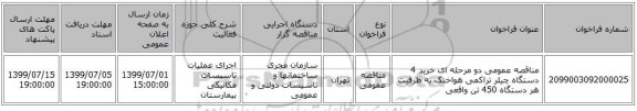 مناقصه عمومی دو مرحله ای خرید 4 دستگاه چیلر تراکمی هواخنک به ظرفیت هر دستگاه 450 تن واقعی