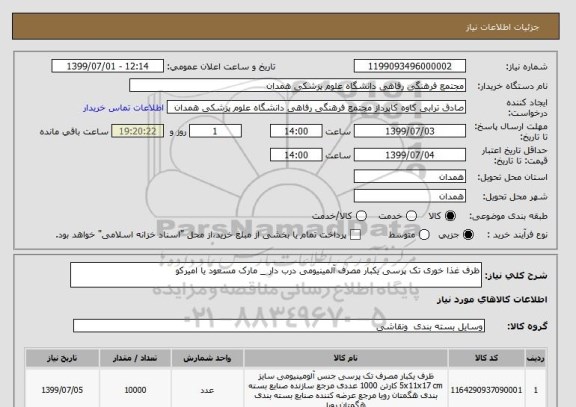 استعلام ظرف غذا خوری تک پرسی یکبار مصرف آلمینیومی درب دار _ مارک مسعود یا امیرکو 