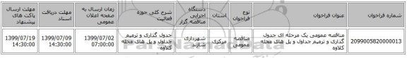 مناقصه عمومی یک مرحله ای جدول گذاری و ترمیم جداول و پل های محله کلاوه 