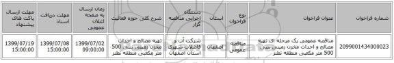 مناقصه عمومی یک مرحله ای تهیه مصالح و احداث مخزن زمینی بتنی 500 متر مکعبی منطقه نطنز 