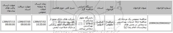 مناقصه عمومی یک مرحله ای مناقصه ارائه خدمات بهداشتی و درمانی در بخش های بیمارستان امام رضا (ع) 