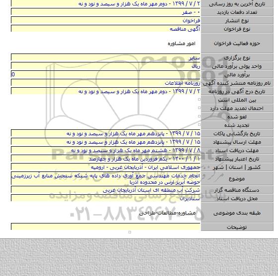 انجام خدمات مهندسی جمع آوری داده های پایه شبکه سنجش منابع آب زیرزمینی حوضه آبریز ارس در محدوده آذربا
