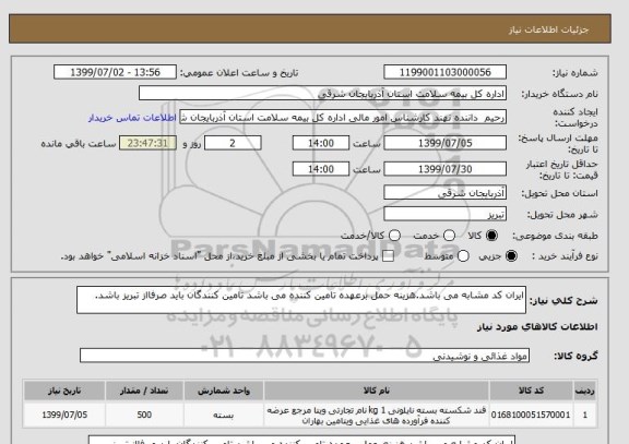 استعلام ایران کد مشابه می باشد.هزینه حمل برعهده تامین کننده می باشد تامین کنندگان باید صرفااز تبریز باشد.