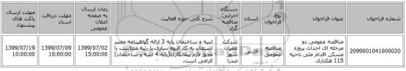 مناقصه عمومی دو مرحله ای احداث پروژه مسکن اقدام ملی ناحیه 115 هکتاری